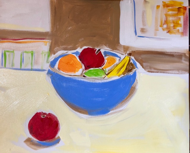 Abstract painting on canvas of a bowl of fruit