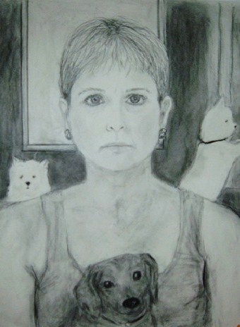 Portrait of woman and 3 small dogs, charcoal on paper