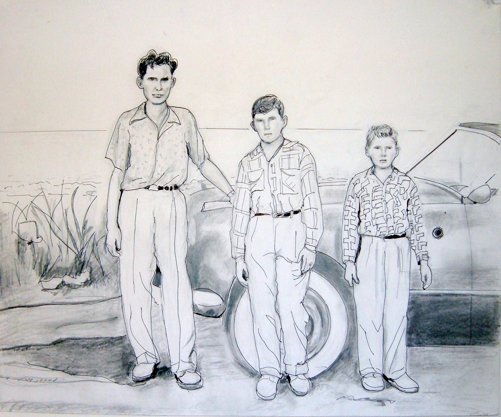 Father and two sons drawing -medium ink and graphite